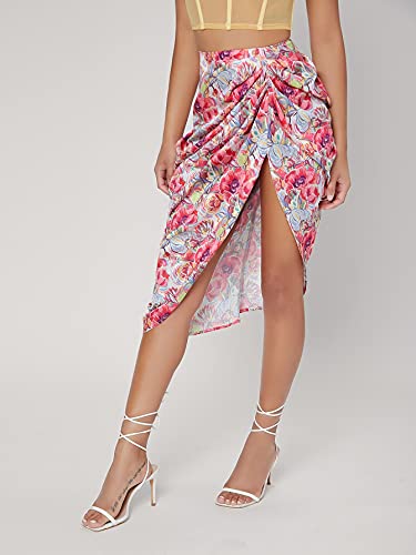 Floerns Women s Boho Floral Print Split Thigh Satin Ruched Midi Skirt