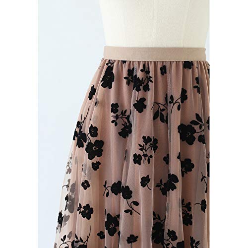 CHICWISH Women s Caramel/Dusty Blue/White/Black 3D Posy Double-Layered Mesh Midi Skirt