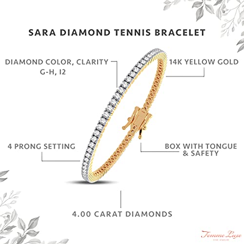 Femme Luxe Sara Diamond Tennis Bracelet for Women (4.00 Carats, G-H Color, I2 Clarity), 14K Gold Bracelets